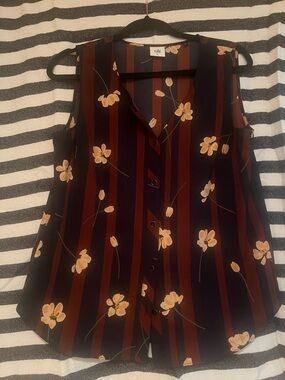 CAbi Navy & Rust Striped Floral Sleeveless Button Top